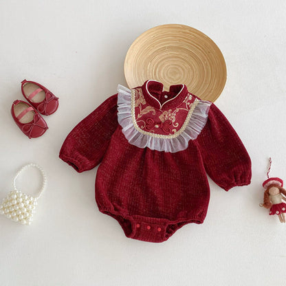 Autumn Arrival Baby Girls Long Sleeves Vintage Flowers Pattern Red Onesies, MyKids-USA®, Baby One-Pieces, MyKids-USA -  -  -  -  -  -  - 