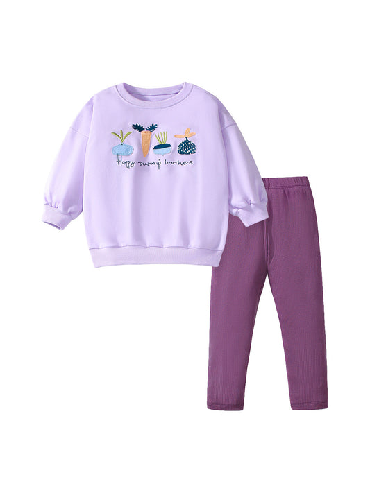 Spring and Autumn Girls Cartoon Turnip Brothers Pattern Long Sleeves Crew Neck Top Sweatshirt and Pants Clothing Set, MyKids-USA®, Baby & Toddler Outfits, MyKids-USA - Size/Age - 90 (12-24M) - Color - Purple -  -  - TR2407311457-A