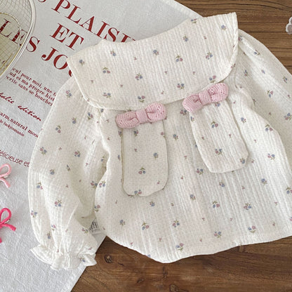 Spring and Autumn Baby Kids Girls Long Sleeves Floral Pattern Top and Pink Sleeveless Hollow-out Rompers Clothing Set