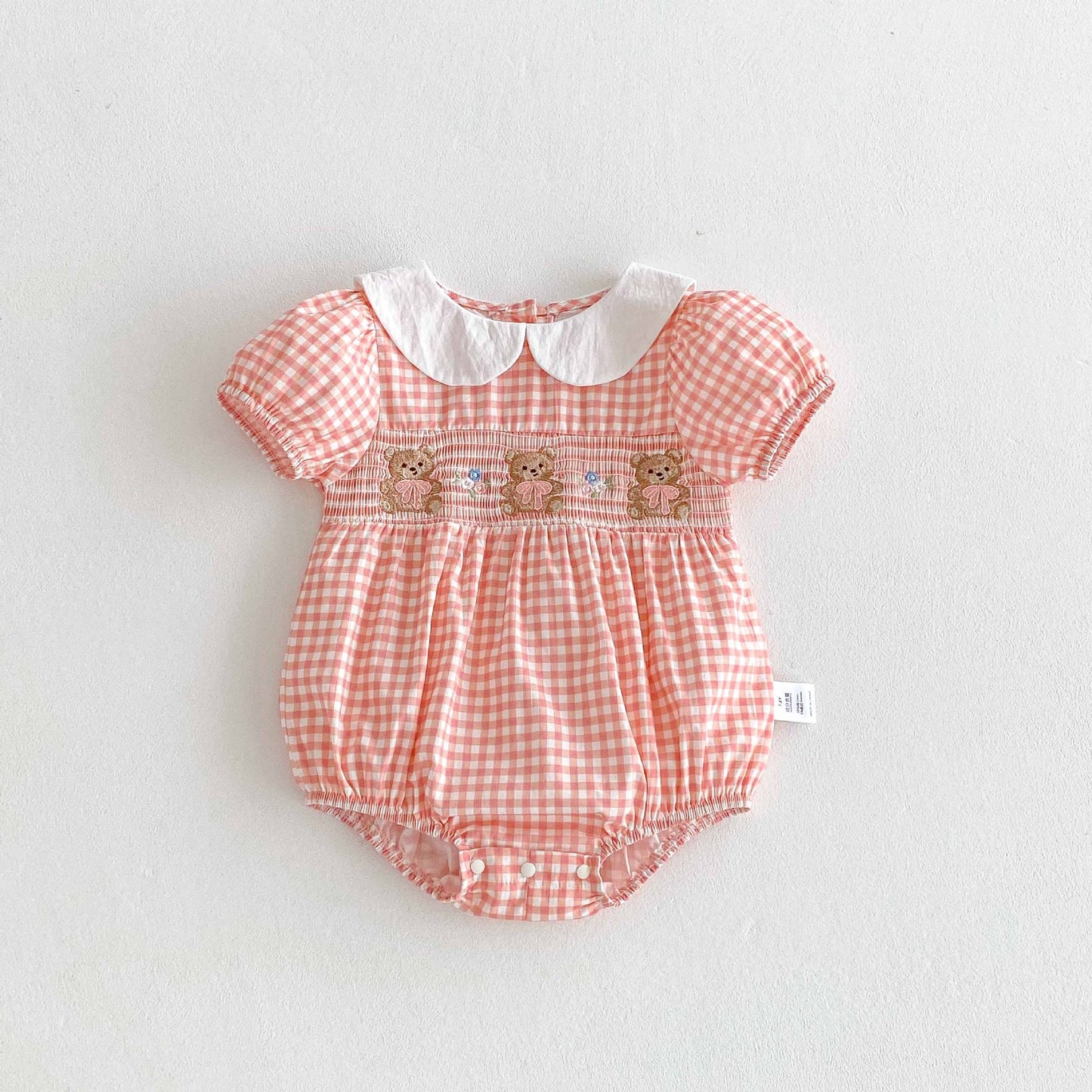 Summer Arrival Baby Girls Cute Plaid Short Sleeves Teddy Pattern Onesies, MyKids-USA®, Baby One-Pieces, MyKids-USA - Size/Age - 66 (3-6M) - Color - Pink -  -  - TR2504192125-A