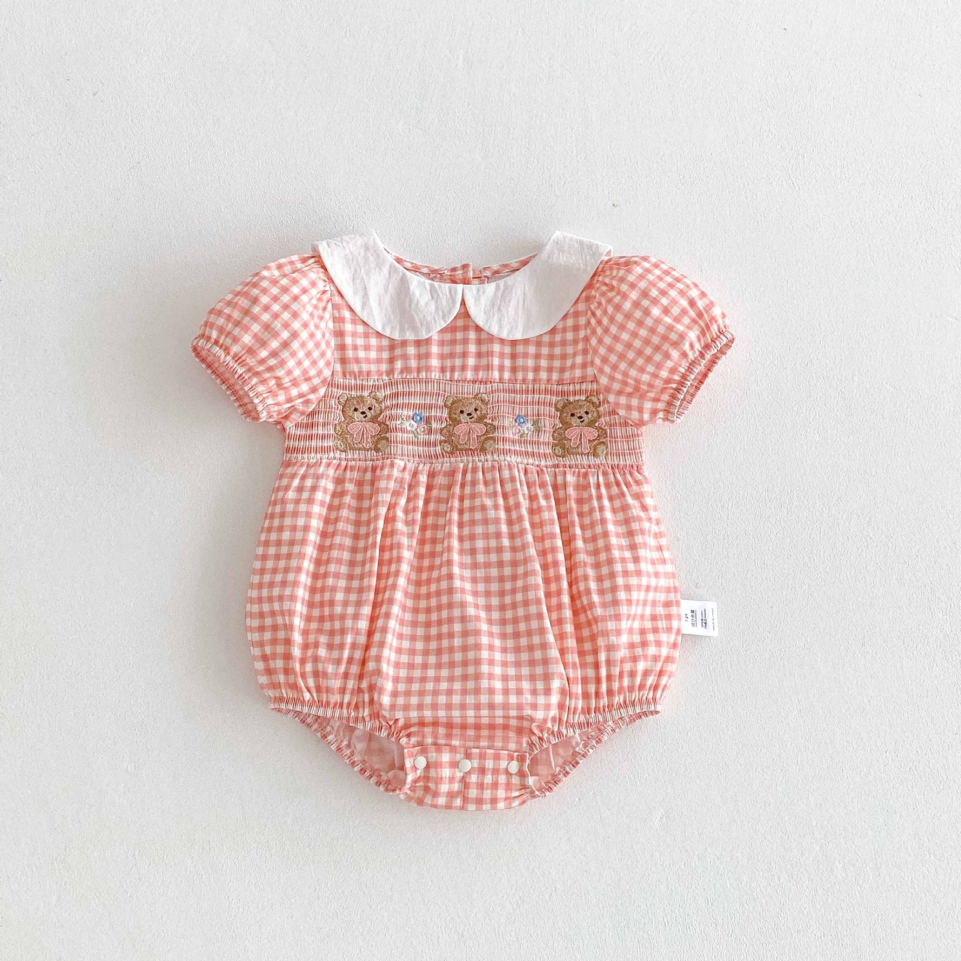 Summer Arrival Baby Girls Cute Plaid Short Sleeves Teddy Pattern Onesies, MyKids-USA®, Baby One-Pieces, MyKids-USA - Size/Age - 66 (3-6M) - Color - Pink -  -  - TR2504192125-A