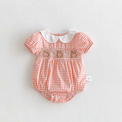 Summer Arrival Baby Girls Cute Plaid Short Sleeves Teddy Pattern Onesies, MyKids-USA®, Baby One-Pieces, MyKids-USA - Size/Age - 66 (3-6M) - Color - Pink -  -  - TR2504192125-A