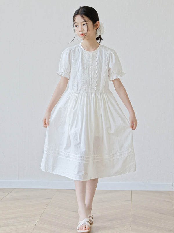 Summer Arrival Short Sleeves Solid Color Crew Neck Dress for Stylish Girls