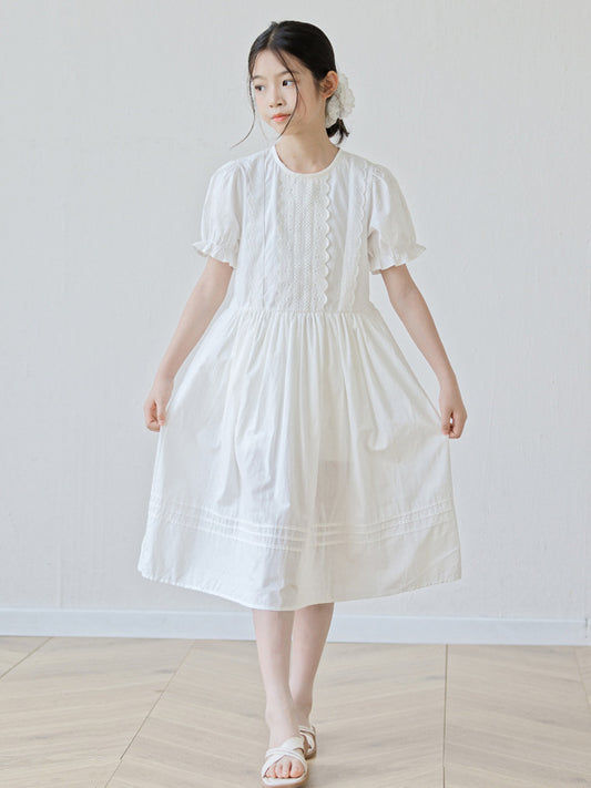 Summer Arrival Short Sleeves Solid Color Crew Neck Dress for Stylish Girls