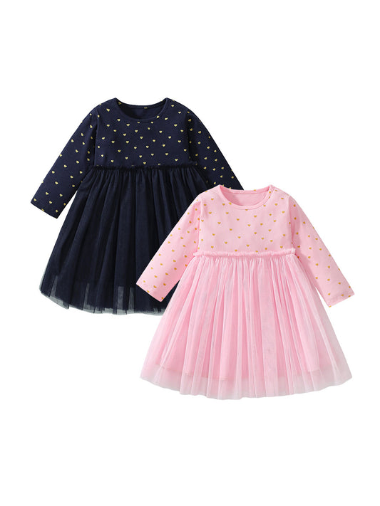 Design Autumn Girls Tiny Heart Print Crew Neck Long Sleeves Tulle Patchwork Dress, MyKids-USA®, Baby & Toddler Dresses, MyKids-USA -  -  -  -  -  -  - 