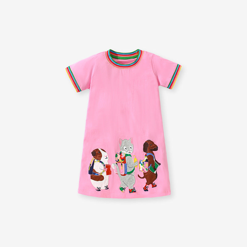 Summer Animals Pattern Short-sleeved Pink Dress with Colorful Striped Neck for Stylish Girls, MyKids-USA®, Baby & Toddler Dresses, MyKids-USA - Size/Age - 90 (12-24M) - Color - Pink -  -  - TR2501032214-A