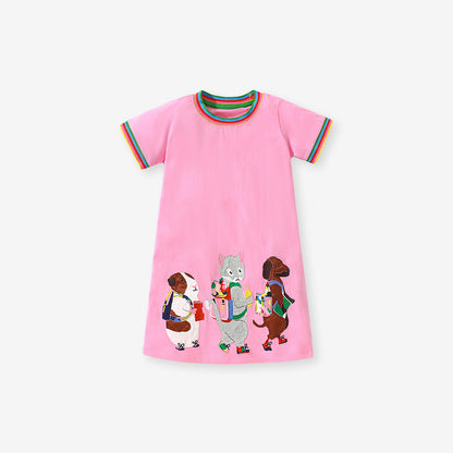 Summer Animals Pattern Short-sleeved Pink Dress with Colorful Striped Neck for Stylish Girls, MyKids-USA®, Baby & Toddler Dresses, MyKids-USA - Size/Age - 90 (12-24M) - Color - Pink -  -  - TR2501032214-A