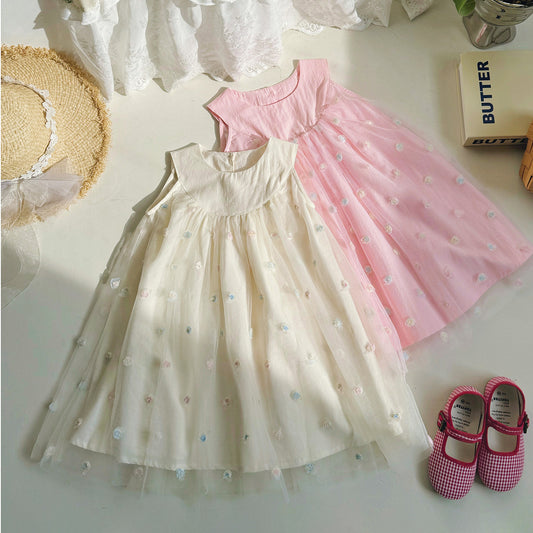 New Design Summer Kids Girls Sleeveless Rose Embroidery Mesh Dress