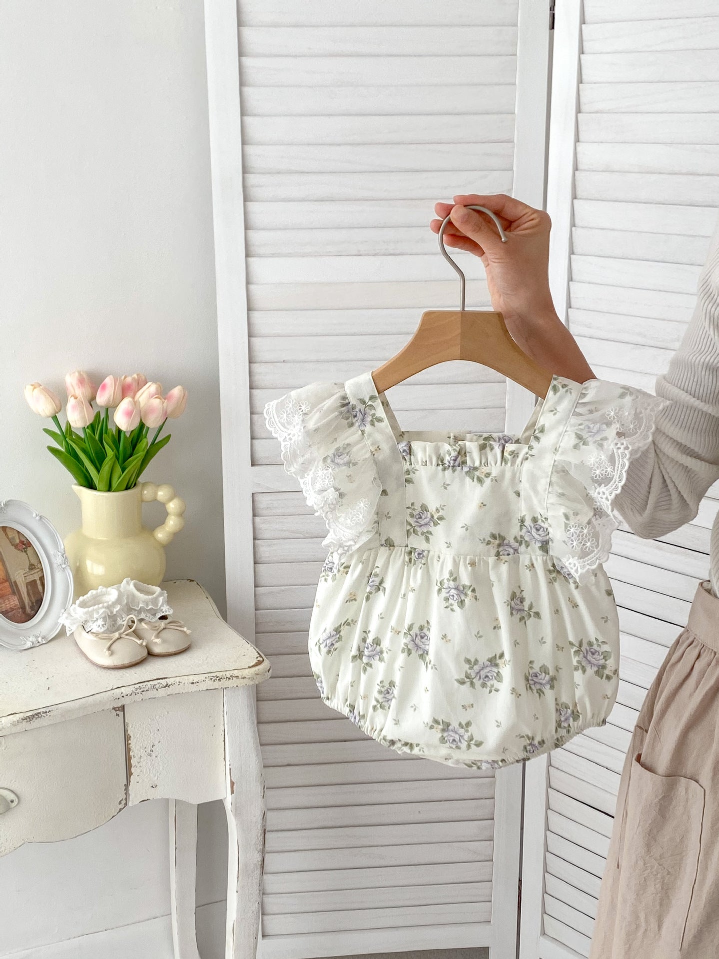 Design Summer Girls Floral Print Lace Fly Sleeves Strap Onesies, MyKids-USA®, Baby One-Pieces, MyKids-USA - Size/Age - 66 (3-6M) - Color - White -  -  - TR2403252354-A