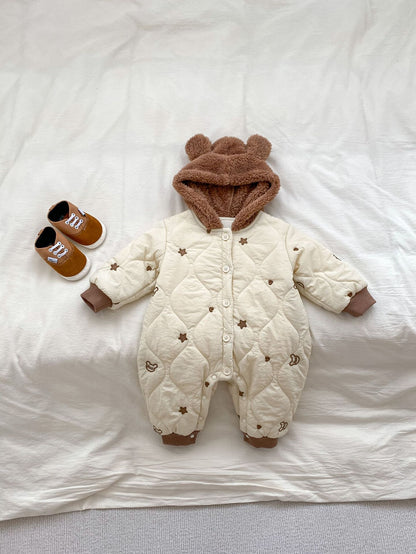 Infant Baby Star Embroidery Thicken Long Sleeve Jumpsuit In Winter