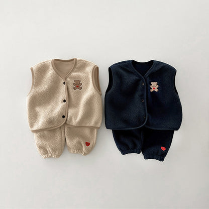 MyKids-USA® Autumn Baby Kids Teddy Bear Embroidered Sleeveless Vest and Hearts Pants Clothing Set
