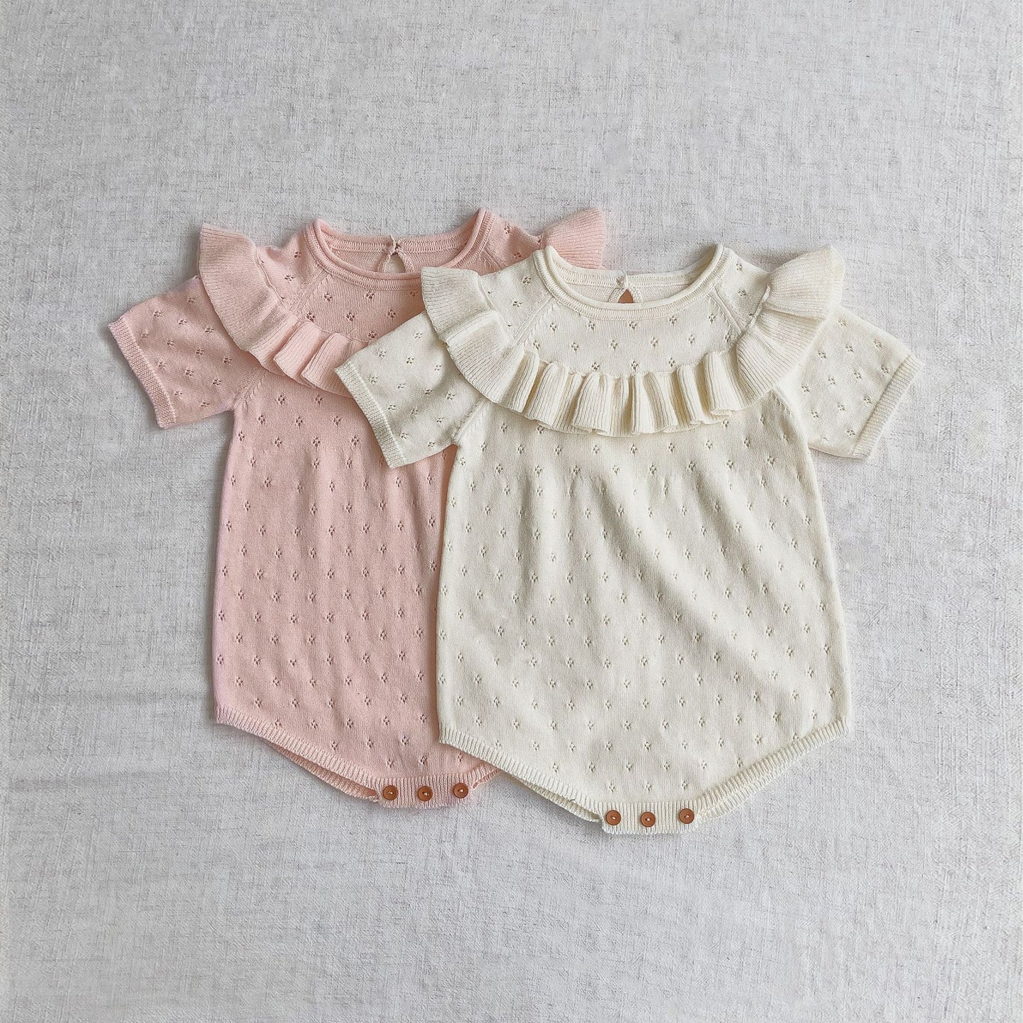 Baby Girl Solid Color Ruffle Design Breathable Knitted Onesies