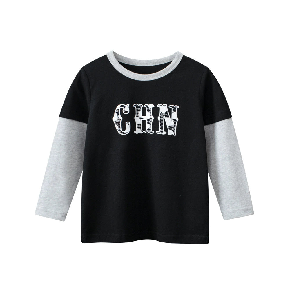 Autumn Baby Kids Boys Letters Print Long Sleeves Crew Neck Color Patchwork Top Shirt, MyKids-USA®, Baby & Toddler Tops, MyKids-USA - Size/Age - 90 (12-24M) - Color - Black -  -  - TR2508132126-A
