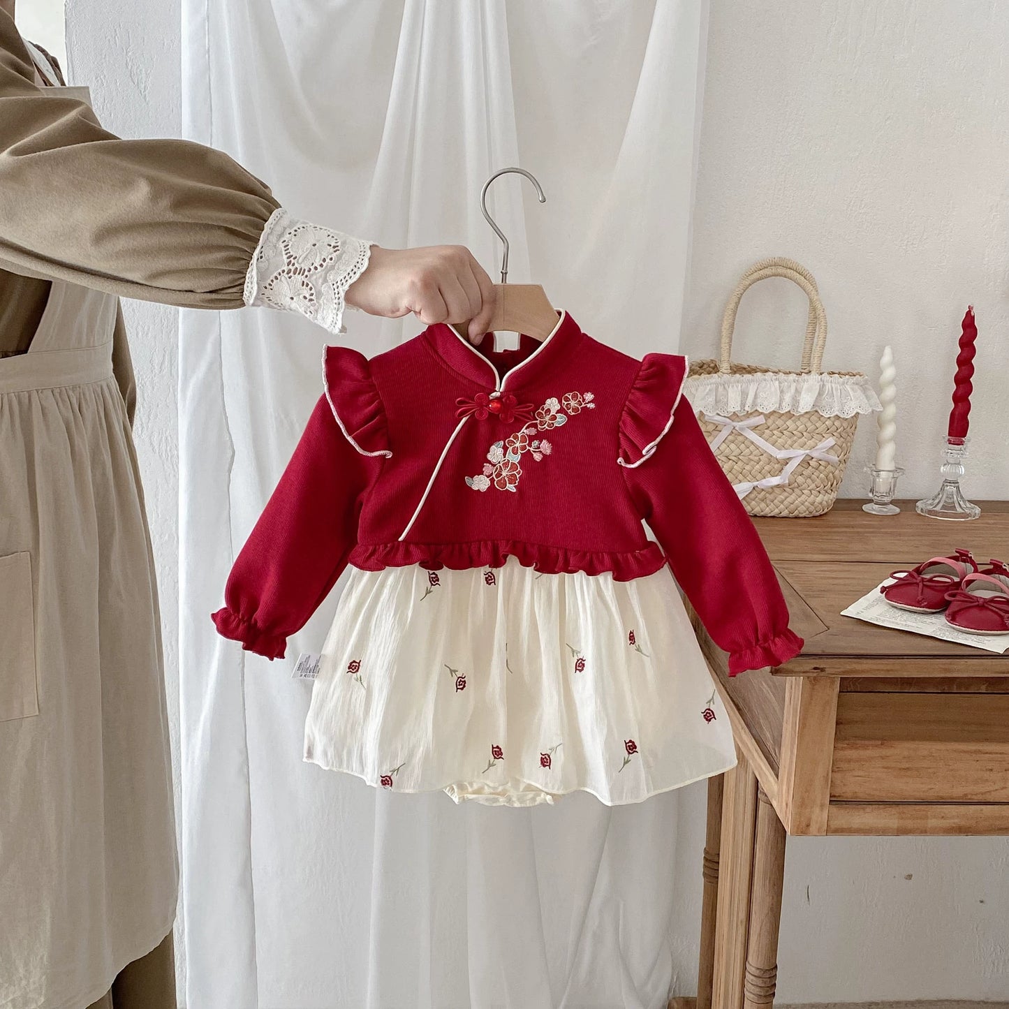 Autumn Arrival Baby Girls Long Sleeves Flowers Embroidered Pattern Color Patchwork Onesies, MyKids-USA®, Baby & Toddler Dresses, MyKids-USA - Size/Age - 66 (3-6M) - Color - Red -  -  - TR2508122235-A