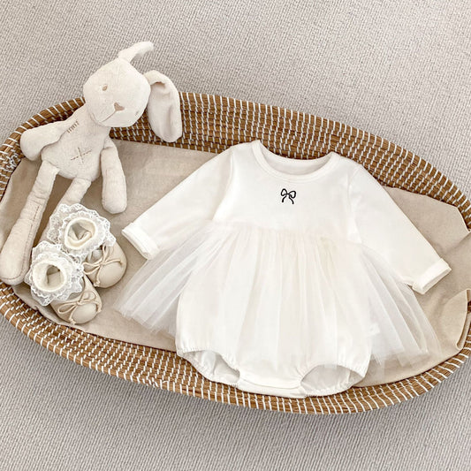 Spring Arrival Baby Girls Long Sleeves Crew Neck Onesies Bodysuits Tulle Patchwork Dress, MyKids-USA®, Baby One-Pieces, MyKids-USA - Size/Age - 66 (3-6M) - Color - White -  -  - TR2501112219-A