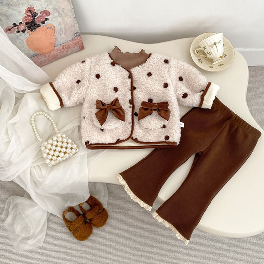Winter and Autumn Baby Kids Girls Long Sleeves Dots Pattern Fluffy Top and Flared Pants Clothing Set, MyKids-USA®, Baby & Toddler Outfits, MyKids-USA - Size/Age - 73 (6-9M) - Color - Brown -  -  - TR2511291838-A