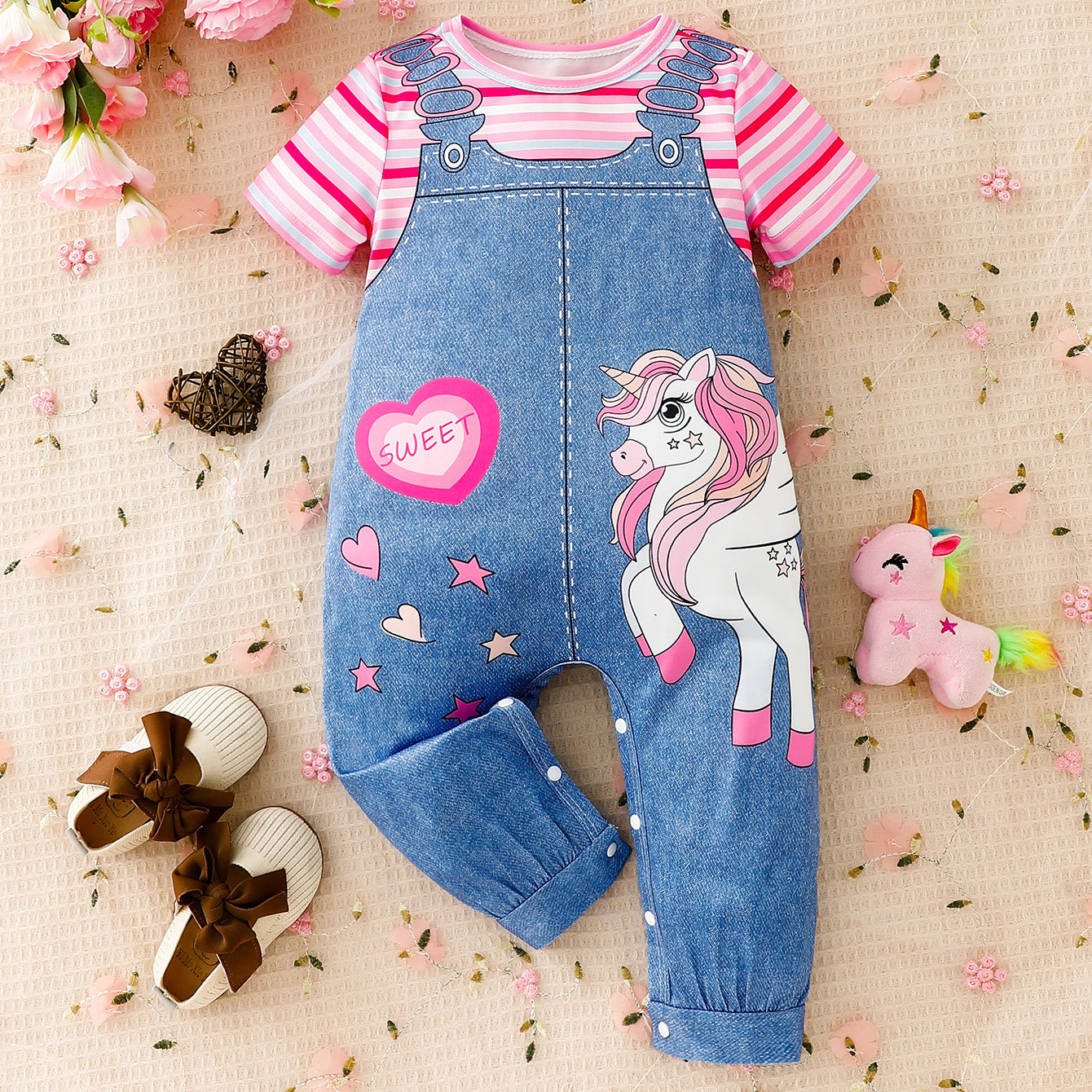 Design Summer Baby Kids Girls Short Sleeves Cartoon Pattern Rompers
