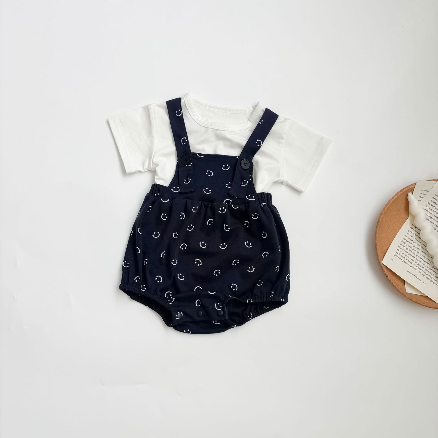 Summer Baby Kids Unisex Solid Color Short Sleeves T-shirt and Smiling Face Pattern Onesies Overalls Clothing Set, MyKids-USA®, Baby & Toddler Outfits, MyKids-USA - Size/Age - 66 (3-6M) - Color - Beige -  -  - TR2504271833-A