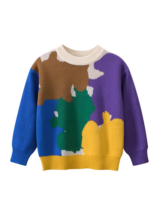 Baby Boy Kids Color Patchwork Crew Neck Long Sleeve Thin Knitwear Pullover