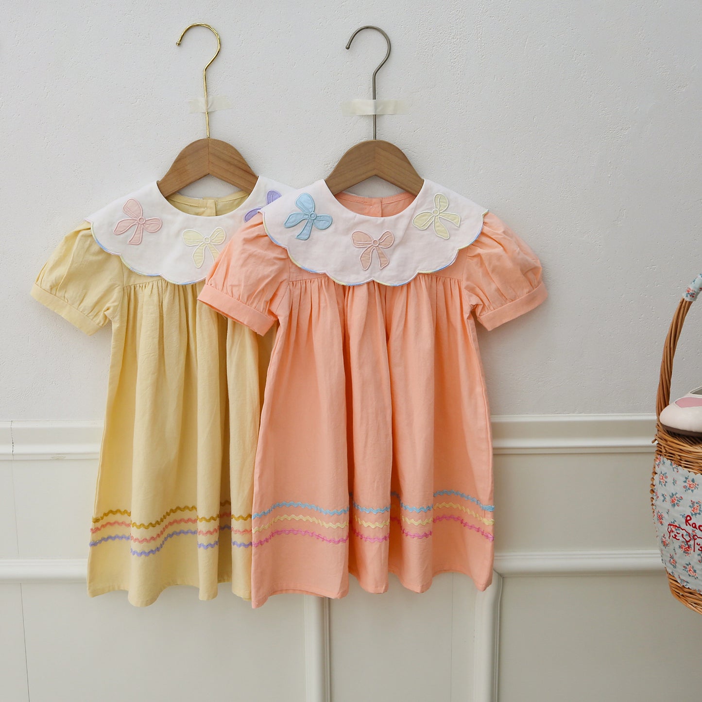 New Arrival Summer Kids Girls Colorful Bows Pattern Collar Short Sleeves Striped Dress