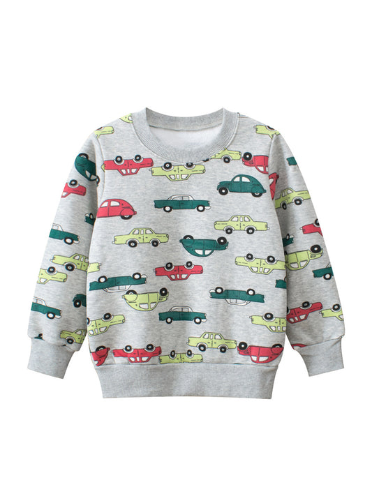 Baby Boys Automobile Cars Cartoon Crew Neck Long Sleeve Grey Pullover