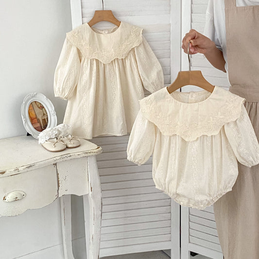 Spring Baby Beige Floral Embroidery Long-Sleeved Onesies And Dress For Girls – Princess Sister Matching Set, MyKids-USA®, Baby & Toddler Outfits, MyKids-USA -  -  -  -  -  -  - 