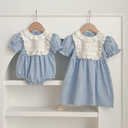 New Arrival Summer Girls Blue Plaid Noble Crew Neck Short Sleeves Onesies And Dress – Princess Sister Matching Set