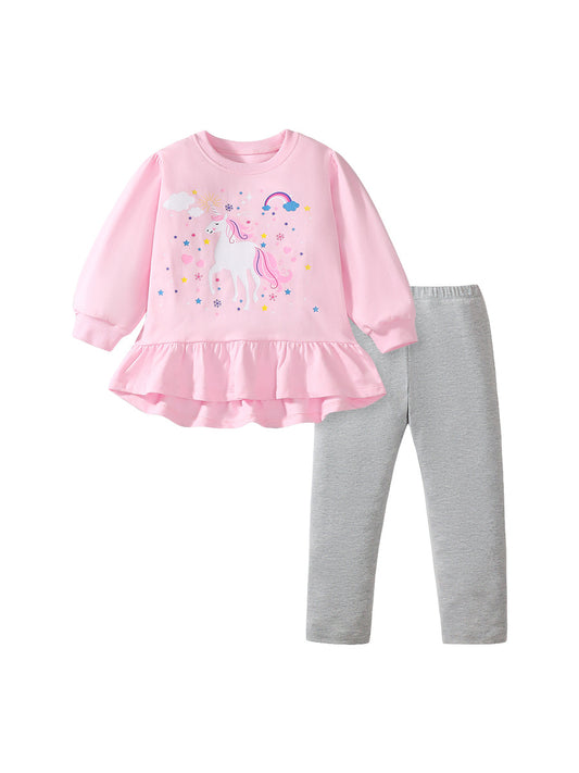 Spring And Autumn Girls Cute Cartoon Unicorn Pattern Long Sleeves Top Dress And Grey Pants Clothing Set, MyKids-USA®, Baby & Toddler Outfits, MyKids-USA - Size/Age - 90 (12-24M) - Color - Pink -  -  - TR2407112305-A