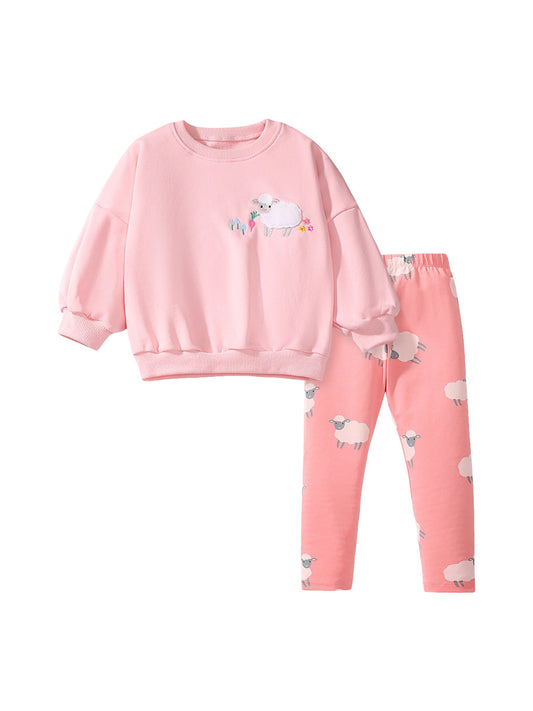 Spring And Autumn Girls Cute Sheep Cartoon Pattern Long Sleeves Top Sweatshirt And Pants Clothing Set, MyKids-USA®, Baby & Toddler Outfits, MyKids-USA - Size/Age - 90 (12-24M) - Color - Pink -  -  - TR2407131050-A
