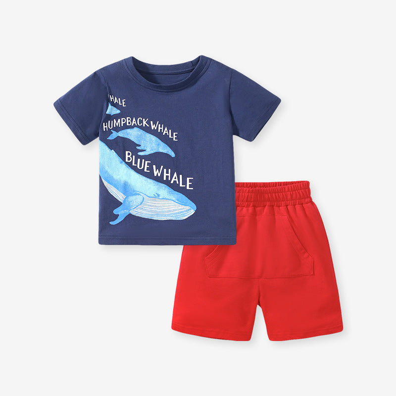 Baby And Kids Boys Whale Cartoon Short Sleeves Top And Shorts Casual Clothing Set