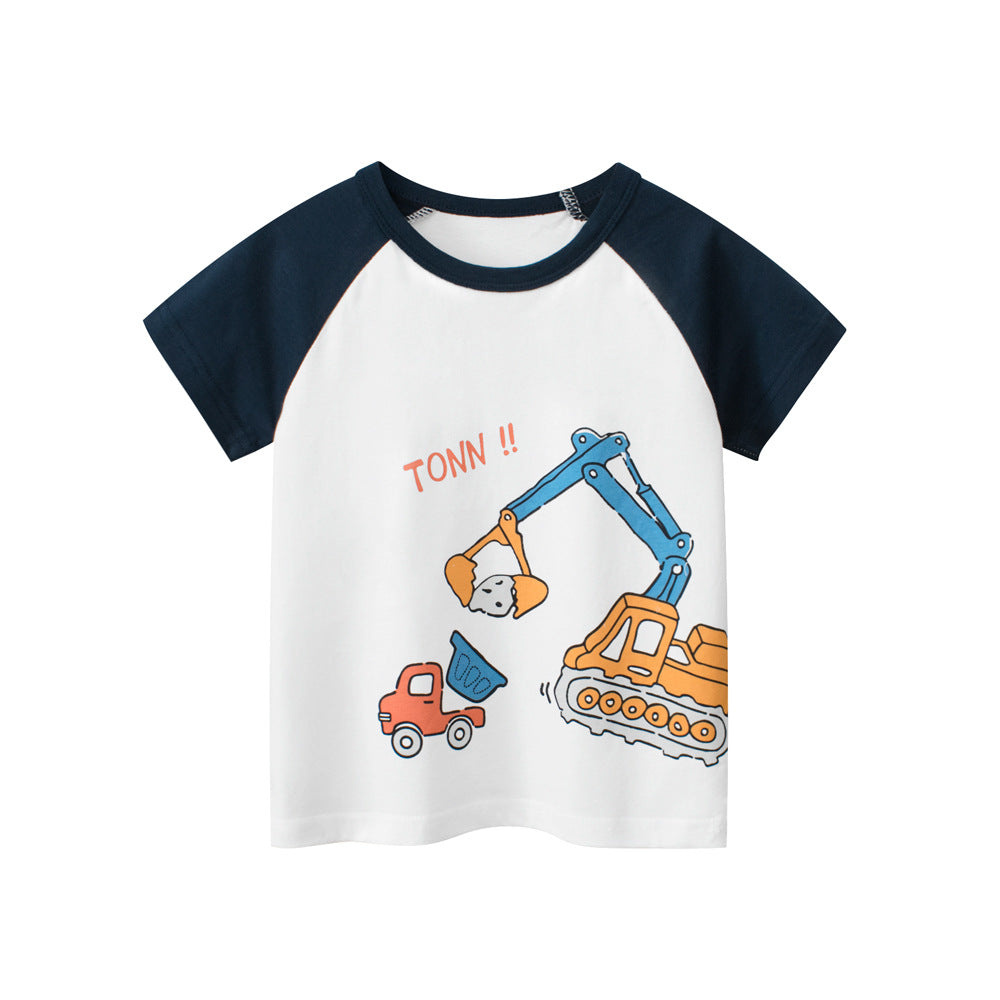 Boys’ Cartoon Excavator And Truck Print T-Shirt In European And American Style, MyKids-USA®, Baby & Toddler Tops, MyKids-USA -  -  -  -  -  -  - 