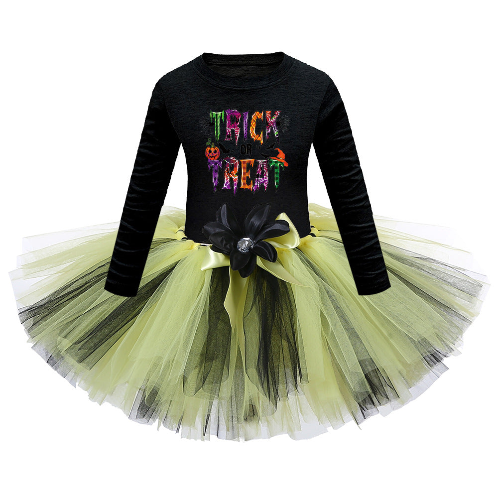 Arrival Girls’ Halloween Costume: Long Sleeves Cartoon Print Witches Cosplay Party Tulle Patchwork Dress, MyKids-USA®, Costume Dresses, MyKids-USA - Size/Age - S (1-3Y) - Color - Green -  -  - TR2409090955.