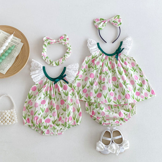 Summer Girls Flowers Pattern Sleeveless Hollow Out Lace Strap Onesies And Clothing Set – Sister Matching Clothing Set, MyKids-USA®, Baby & Toddler Outfits, MyKids-USA -  -  -  -  -  -  - 