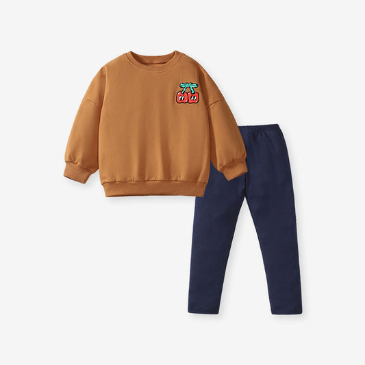 Spring And Autumn Girls Simple Cartoon Cherry Pattern Top Sweatshirt And Solid Color Pants Clothing Set, MyKids-USA®, Baby & Toddler Outfits, MyKids-USA - Size/Age - 90 (12-24M) - Color - Coffee -  -  - TR2407022357-A