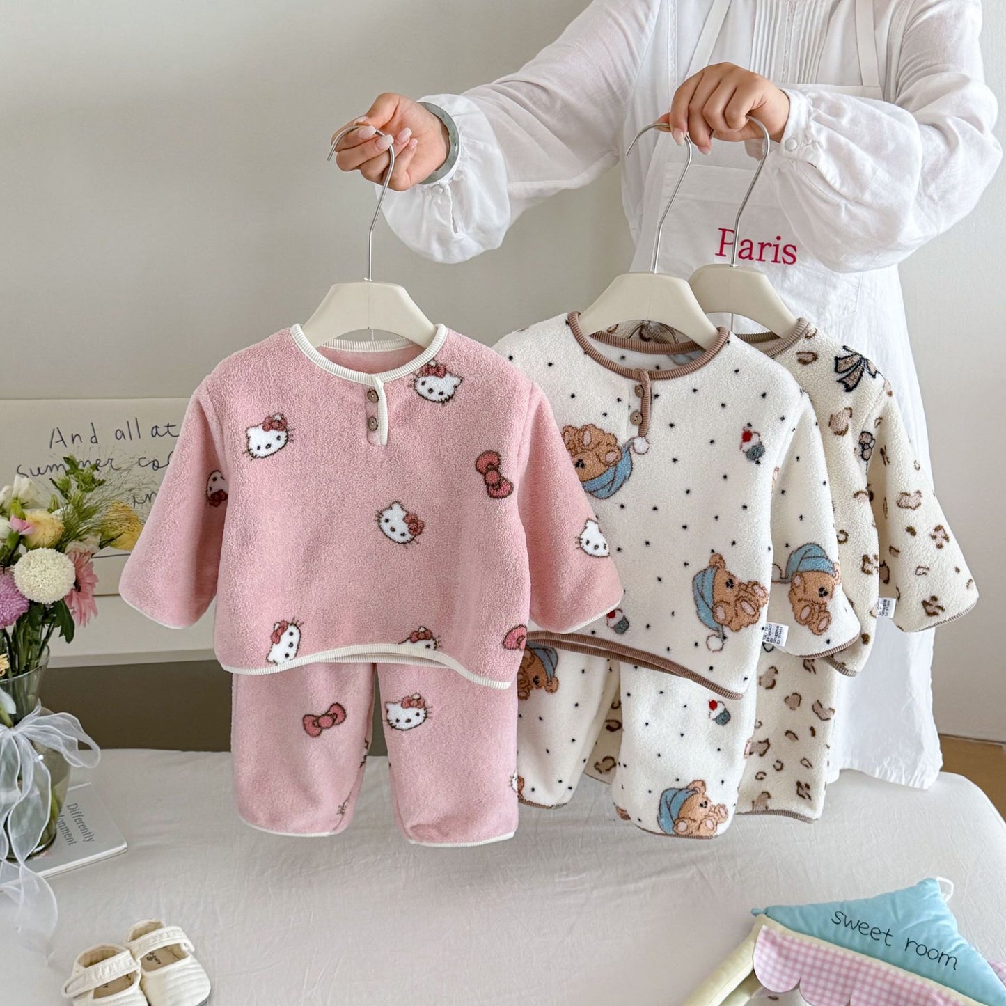 MyKids-USA® Hot Selling Winter Baby Kids Long Sleeves Fleeece-Lined Cartoon Top and Pants Set