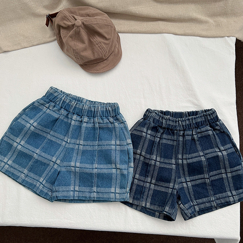 Baby Denim Blue Plaid Pattern Loose Shorts