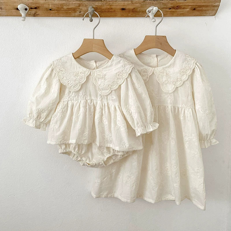 Autumn Baby Girls French Style Solid Color Flowers Pattern Long-sleeved Onesies and Dress – Princess Sister Matching Set, MyKids-USA®, Baby & Toddler Outfits, MyKids-USA -  -  -  -  -  -  - 