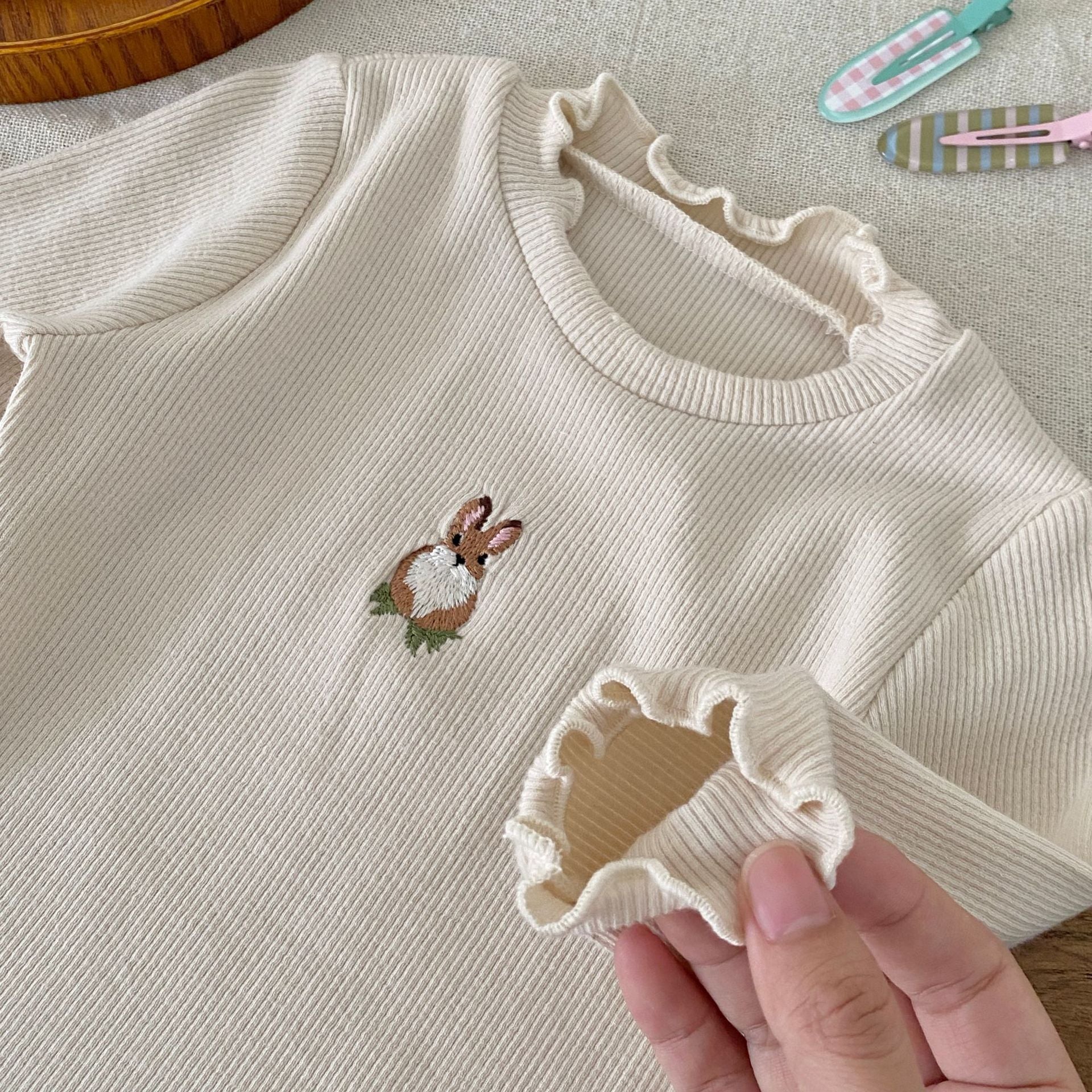 Autumn Arrival Baby Girls Long Sleeves Simple Rabbit Embroidered Onesies, MyKids-USA®, Bodysuits, MyKids-USA -  -  -  -  -  -  - 