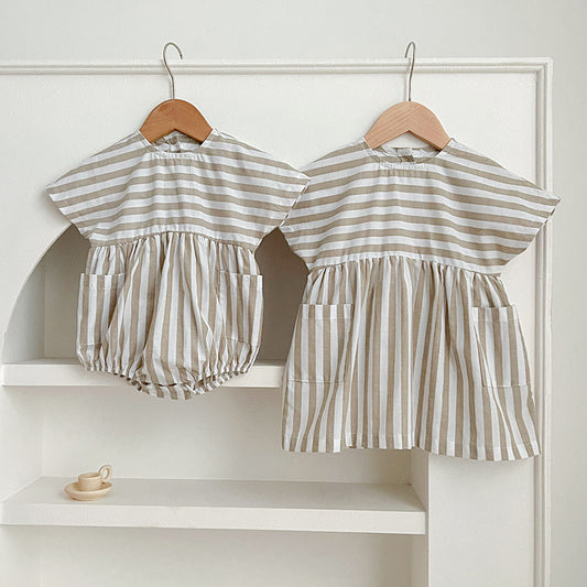 Summer Girls Grey Striped Short Sleeves Onesie And Dress Sister Matching Set