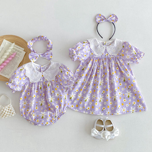 Summer Girls Flowers Pattern Short Sleeves Embroidery Collar Onesies And Dress – Sister Matching Clothing Set, MyKids-USA®, Baby & Toddler Outfits, MyKids-USA -  -  -  -  -  -  - 