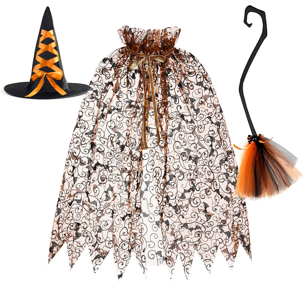 Arrival Dark Halloween Essential: Girls’ Witch Wizard Hat, Cloak, and Broom Set, MyKids-USA®, Costume Sets, MyKids-USA - Size/Age - Average - Color - Orange -  -  - TR2508202017-G.