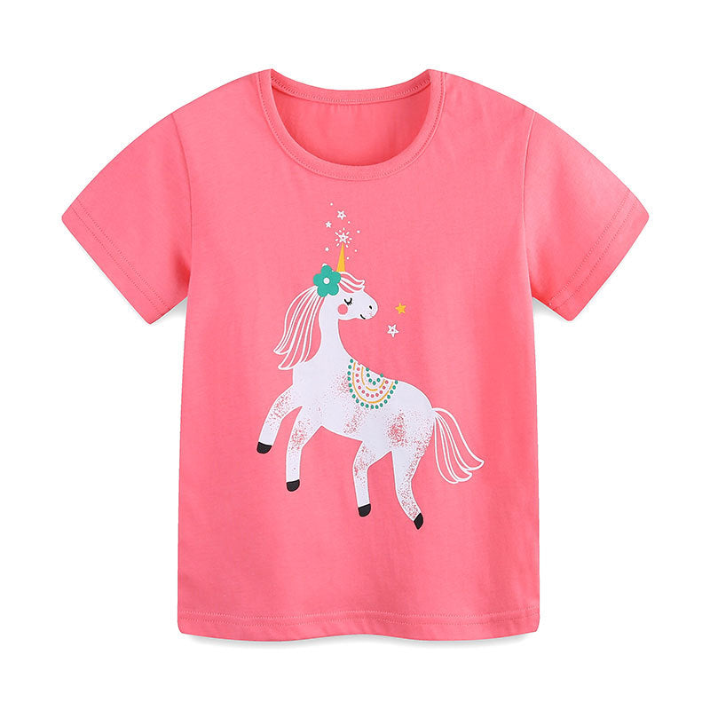 Summer Girls’ Cartoon Unicorn Pattern T-shirt in European and American Style, MyKids-USA®, Baby & Toddler Tops, MyKids-USA - Size/Age - 90 (12-24M) - Color - Pink -  -  - TR2505311929-A