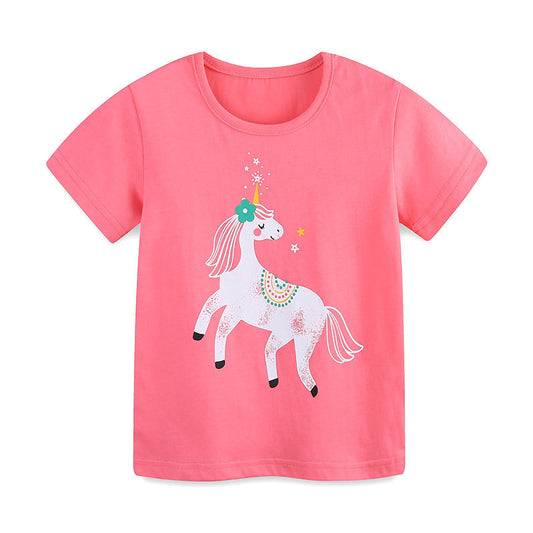 Summer Girls’ Cartoon Unicorn Pattern T-shirt in European and American Style, MyKids-USA®, Baby & Toddler Tops, MyKids-USA - Size/Age - 90 (12-24M) - Color - Pink -  -  - TR2505311929-A