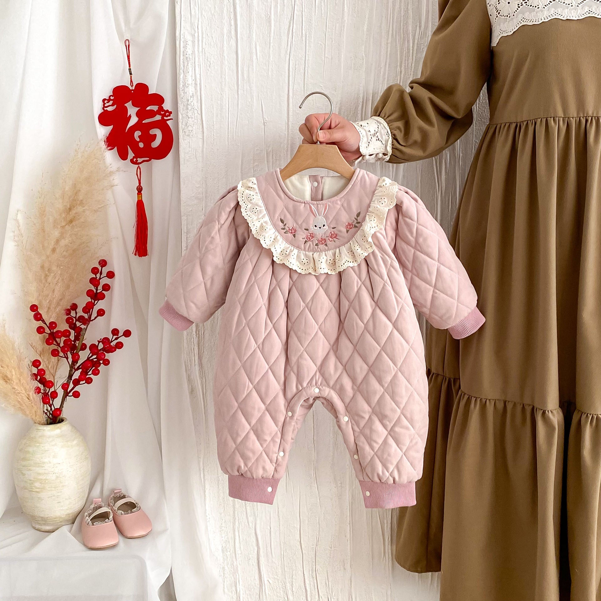 Winter Arrival Baby Girls Simple Rabbit Embroidered Pattern Warm Padded Thick Romper, MyKids-USA®, Baby One-Pieces, MyKids-USA -  -  -  -  -  -  - 