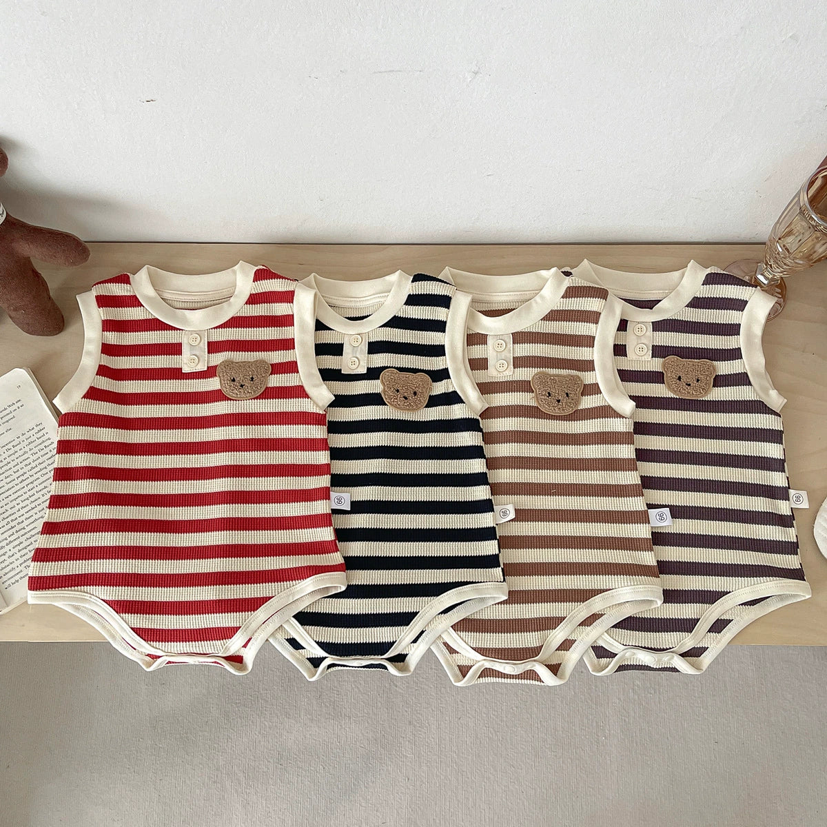 Summer Arrival Cheap Baby Unisex Casual Teddy Bear and Striped Pattern Sleeveless Onesies, MyKids-USA®, Baby One-Pieces, MyKids-USA -  -  -  -  -  -  - 