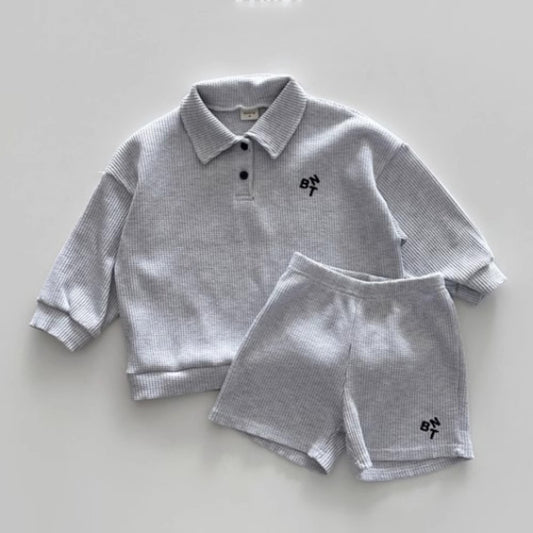 Autumn Arrival Baby Kids Unisex Casual Simple Versatile Long Sleeves Top Polo Shirt And Shorts, Clothing Set, MyKids-USA®, Baby & Toddler Outfits, MyKids-USA - Size/Age - 73 (6-9M) - Color - Grey -  -  - TR2407141202-C.