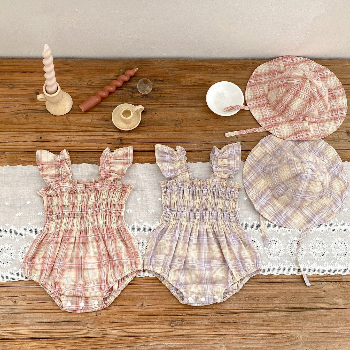 Baby Girl Plaid Pattern Flying Sleeves Onesies With Hat