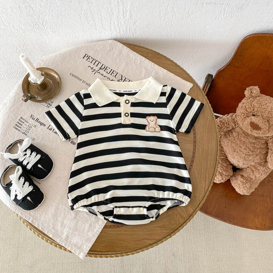 Summer New Arrival Baby Unisex Teddy Logo Striped Short Sleeves Turn-Down Collar Onesies