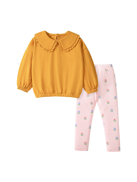 Spring And Autumn Girls Simple Solid Color Long Sleeves Preppy Collar Top Sweatshirt And Floral Pants Clothing Set, MyKids-USA®, Baby & Toddler Outfits, MyKids-USA - Size/Age - 90 (12-24M) - Color - Yellow -  -  - TR2407131741-A
