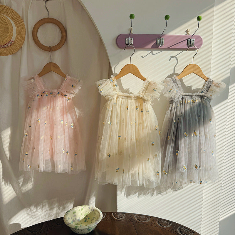 Summer Baby Kids Girls Sleeveless Floral Jacquard Mesh Design Off Shoulder Strap Dress, MyKids-USA®, Baby & Toddler Dresses, MyKids-USA -  -  -  -  -  -  - 